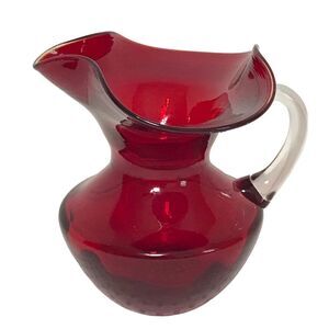 Hand Blown Ruby Red Art Glass Fluted Pitcher Clear Applied Handle 5.5 Inches